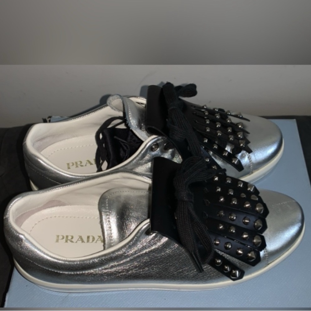 Prada Silver and Black Studded Sneakers